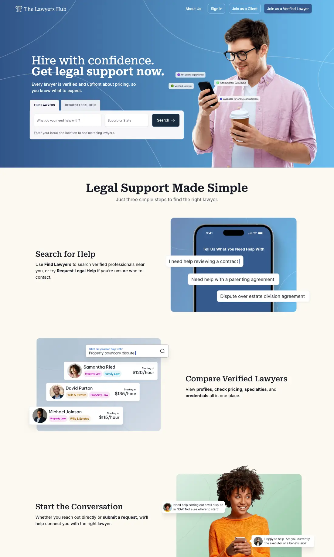 The Lawyers Hub homepage with a lawyer search by legal issue and location