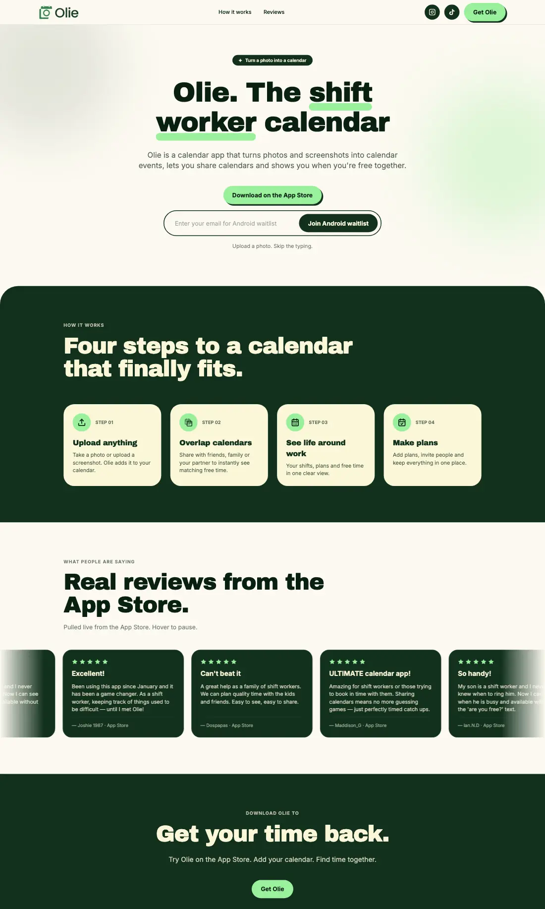 Olie homepage, the calendar app for shift workers