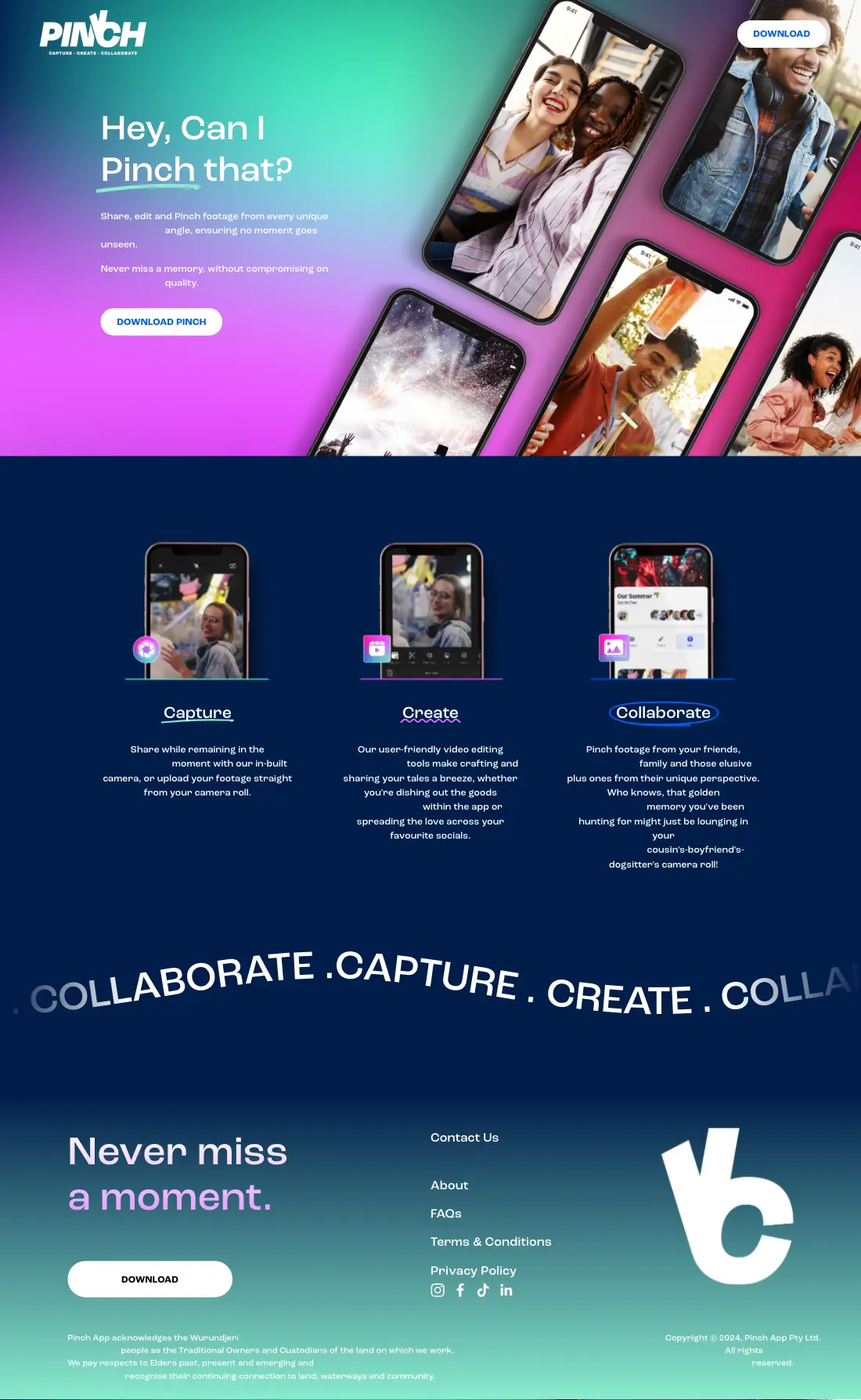 Pinch homepage for the shared video capture and editing app