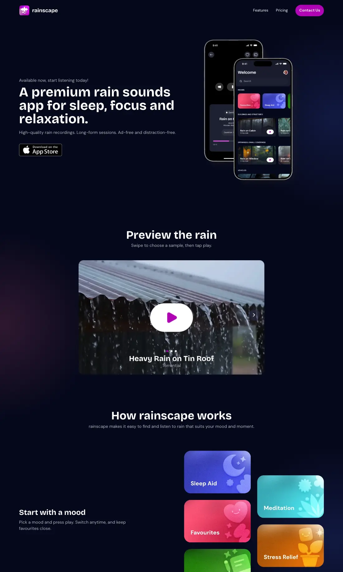 Rainscape homepage for the rain sounds app, with the iPhone app on a dark background