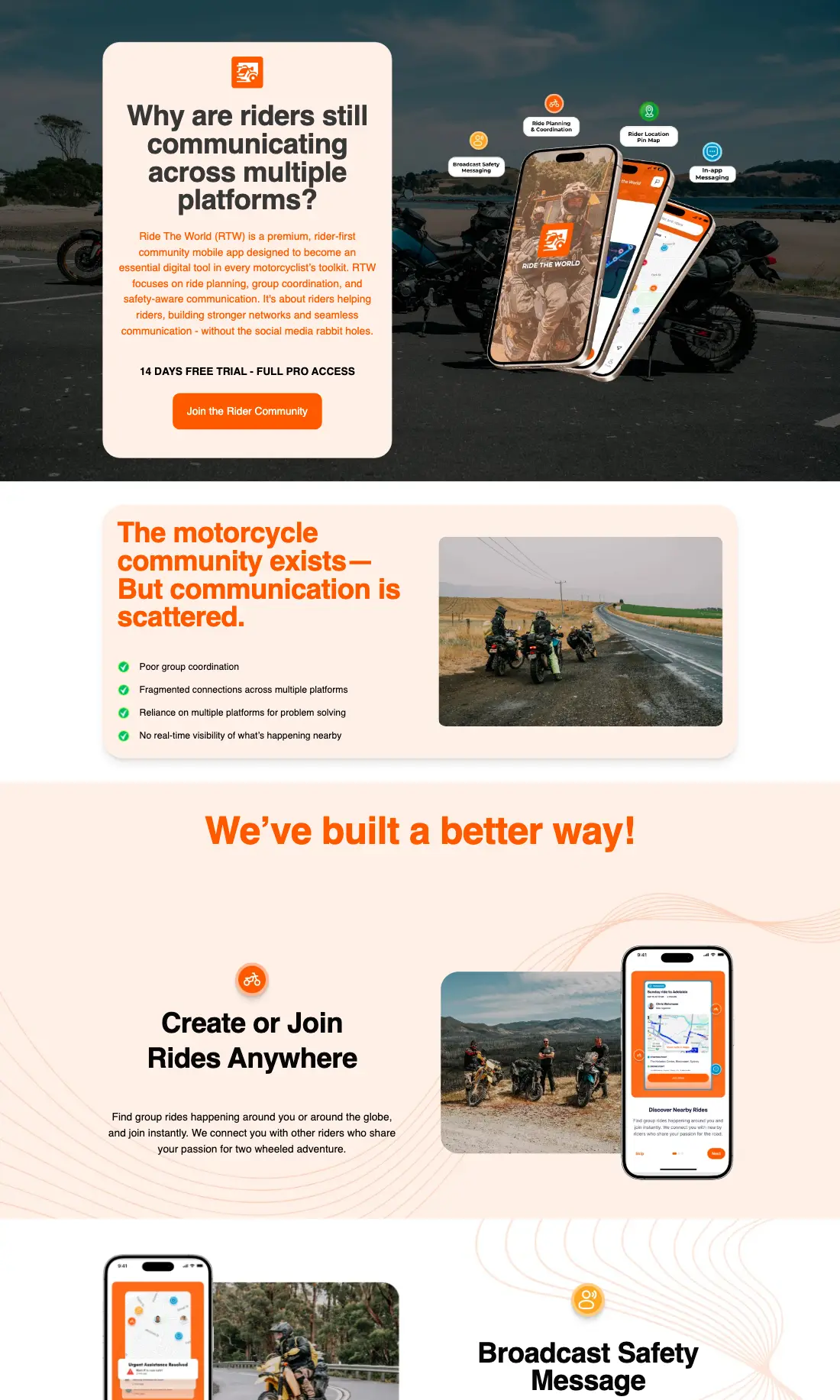 Ride The World homepage showing the motorcycle community app on phones