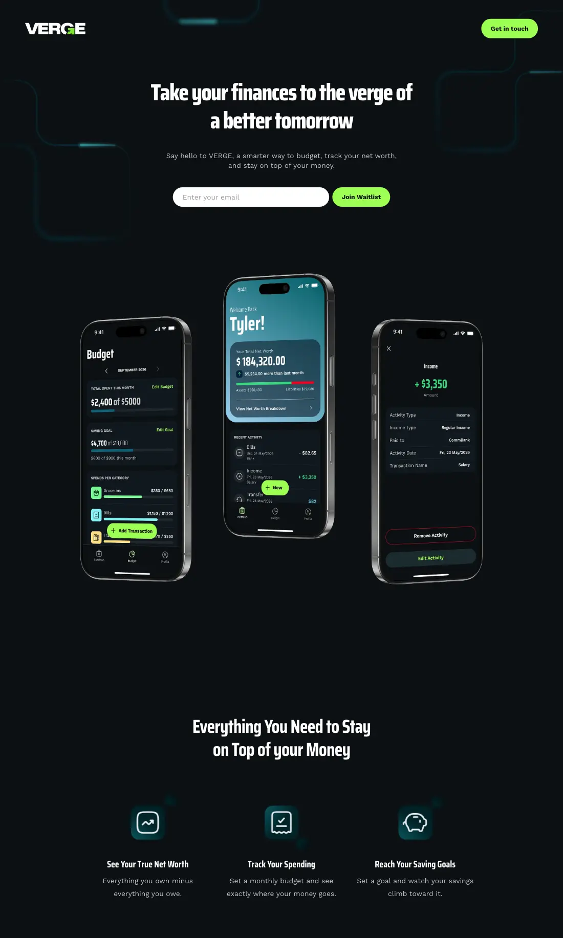 Verge landing page with three phone screens showing a budget, net worth and an income entry