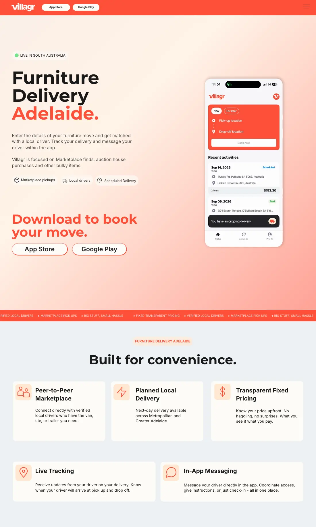 Villagr homepage showing furniture delivery booking for Adelaide and the mobile app
